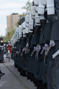 Vertical view of a row of military personnel holding white batons in their gloved hands.