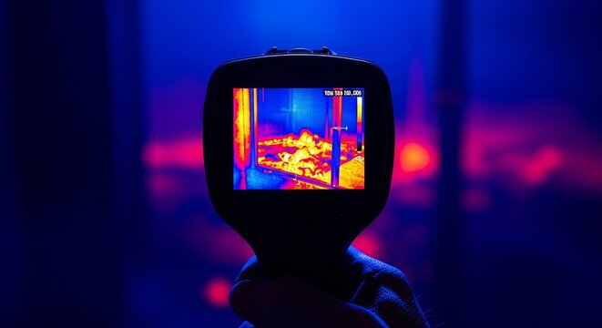 Handheld thermal imaging camera scanning a charred dark interior for hidden heat signatures and glowing embers during an emergency rescue, management, heat, damage
