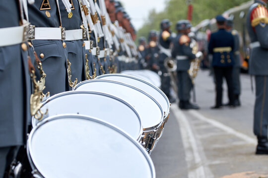 Santiago de Chile - September 19, 2026: detail view of a row of military band snare drums, Parada Militar 2026.