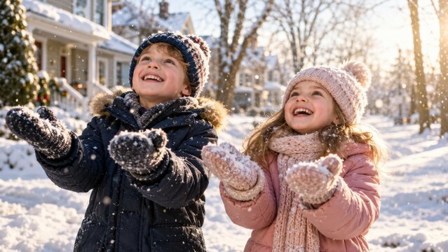Ein Junge und ein M&auml;dchen fangen lachend die ersten Schneeflocken mit ihren H&auml;nden und erleben gemeinsam einen sonnigen Wintermorgen vor einem Wohnhaus.