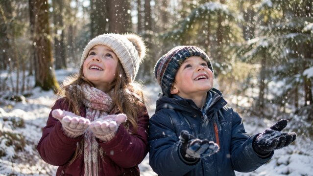 Ein M&auml;dchen und ein Junge halten ihre H&auml;nde in den glitzernden Schneefall und genie&szlig;en gemeinsam einen zauberhaften Wintermoment zwischen verschneiten B&auml;umen.