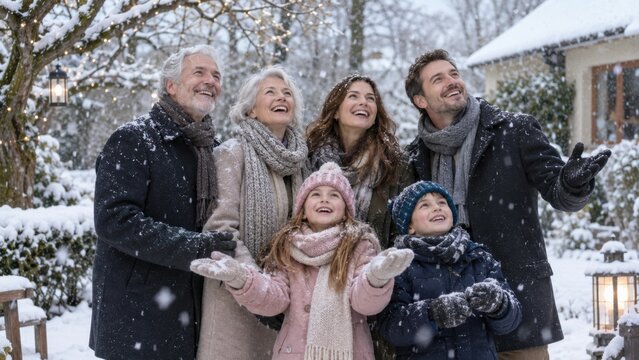 Gro&szlig;eltern, Eltern und Kinder erleben gemeinsam den ersten Schneefall und genie&szlig;en lachend einen liebevollen Wintermoment vor einem verschneiten Wohnhaus.