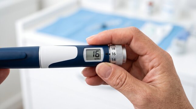 Hands Holding an Insulin Medical Equipment Pen Injector Set to Sixteen Units for Precise Diabetes Medication Dosage and Patient Self-Care in a Clinical Setting