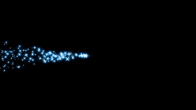 Magic glitter sparkle trail transition with white twinkling stars, glowing fairy dust, shimmering particle motion, sparkling starlight line and doodle star effects on black screen background. 4k
