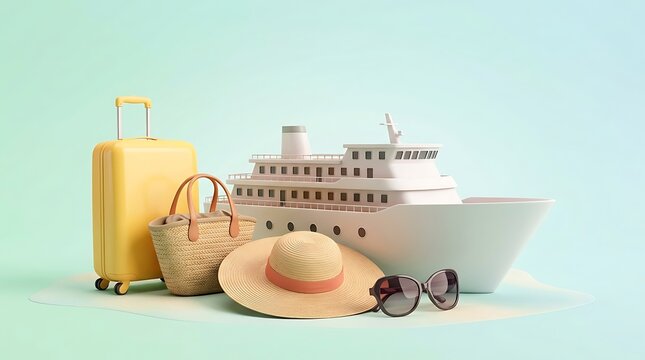 Cruise Ship Vacation Essentials - Luggage, Hat, Sunglasses, and Beach Bag.