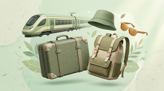 Travel Essentials Collection Featuring Luggage, Backpack, Train, and Accessories.