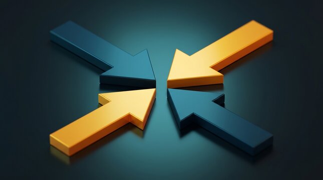 Four 3D arrows pointing to the center concept of convergence and integration
