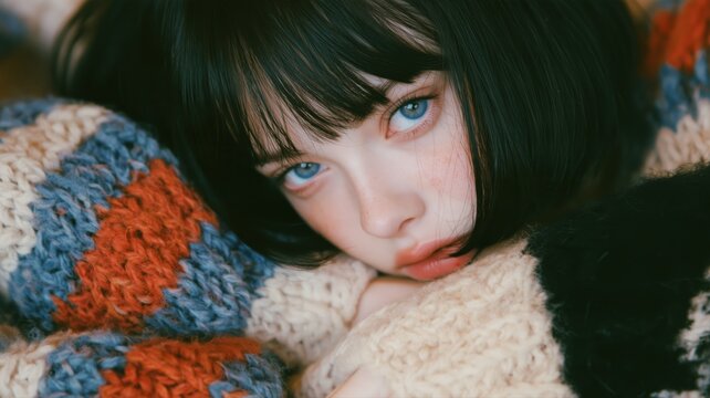 青い瞳の女性がニットに寄り添っている様子。広告やWebサイトのビューティーやファッションイメージに最適な人物ポートレート