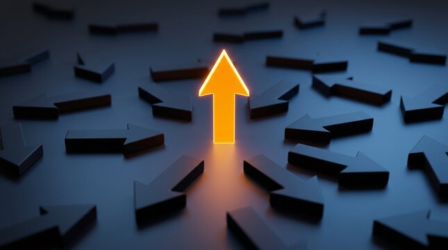 Glowing orange arrow pointing up standing out from dark scattered arrows, leadership and direction concept