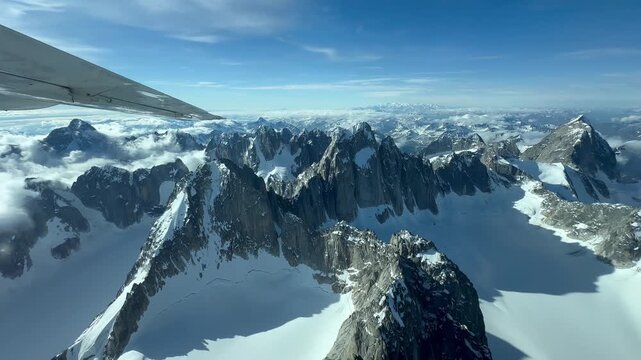 Aerial view, video from the plane, Mount McKinley and glacier in Denali National Park, 6, 195 m, aerial view, Alaska range, Alaska, USA