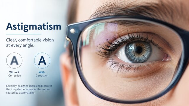 Close-up of a blue eye behind eyeglasses with an astigmatism infographic showing vision correction and lens effects