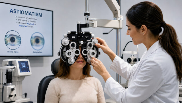Optometrist adjusting a phoropter during a patient eye exam in a clinical setting with an astigmatism chart visible