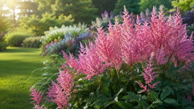 Pink astilbe flowers in a sunlit garden border with lush green lawn and blurred flowering background