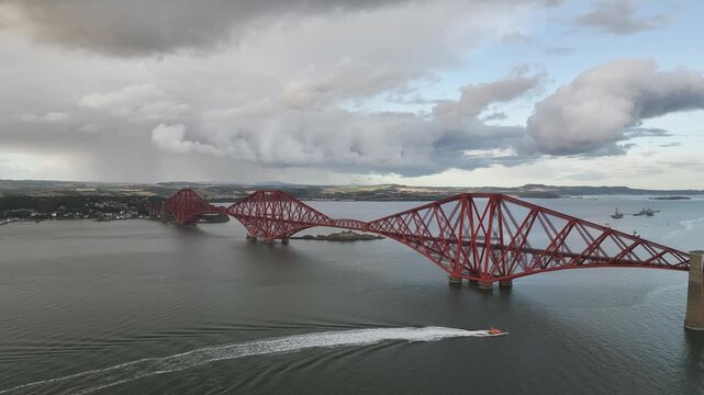 Forth Bridge from a drone, Queensferry Crossing, Forth Estuary, Scotland, United Kingdom