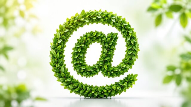 Green at symbol formed from dense fresh leaves, eco email concept on a bright white bokeh background