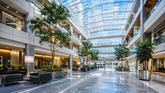 Sunlit modern office atrium with glass ceiling, indoor trees, marble floor and lounge seating in a spacious corporate lobby