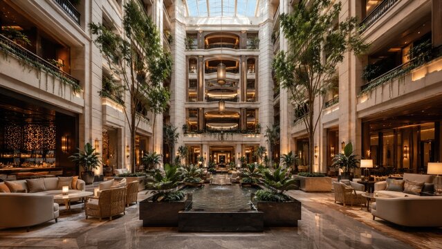 Opulent hotel atrium with marble floors, skylight, indoor trees, central water feature and elegant lounge seating