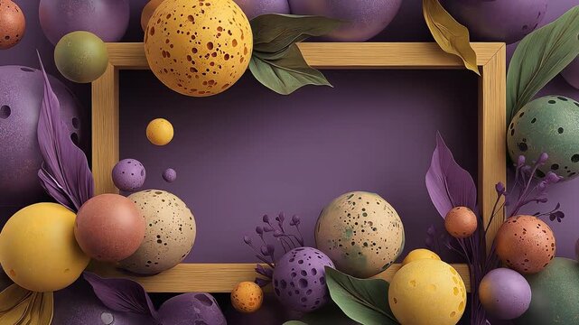 Wooden rectangular frame surrounded by 3D pastel spheres and patterned balls in purple, yellow, and mint green with copy space
