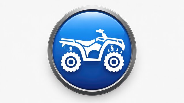 Blue glossy circular button featuring a white ATV (all-terrain vehicle) icon with chrome rim, high-gloss emblem representing an off-road quad or four-wheeler