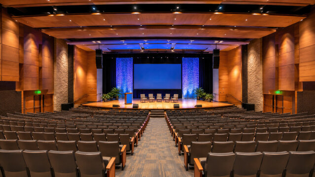 Spacious modern auditorium with stage, podium, rows of seats, large screen and blue stage lighting