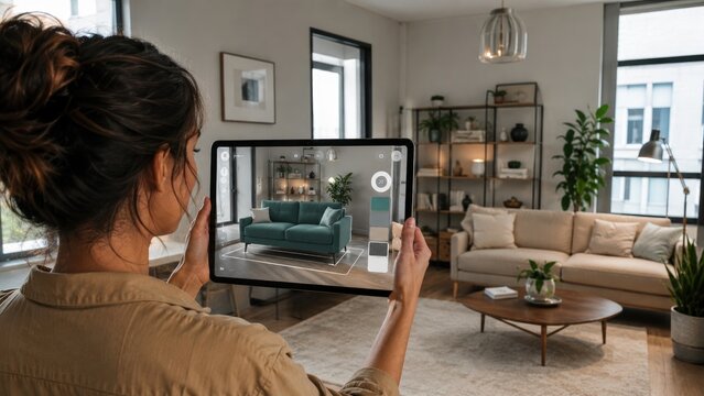 Woman using a tablet AR app to place a teal sofa in a modern living room