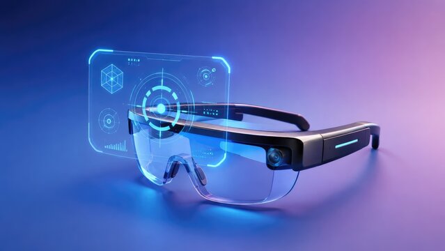Augmented reality smart glasses with holographic heads-up display, transparent visor, and futuristic wearable tech interface