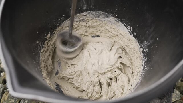 Industrial process of preparing building materials. Close up on motion blur of rotating whisk blending thick grey putty for renovation or DIY home improvement project