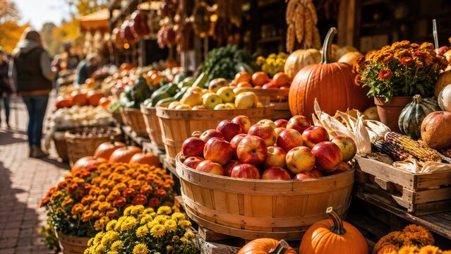 Autumn farmers market stall overflowing with pumpkins, apples, gourds, corn and colorful fall flowers