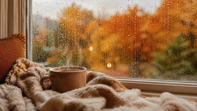 Cozy steaming mug on a soft blanket by a rainy window with orange autumn foliage outside