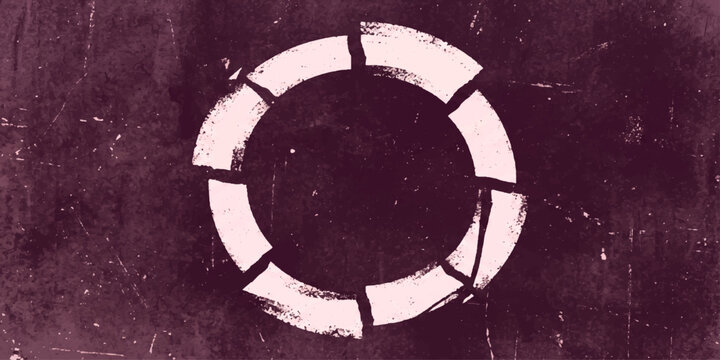 Fragmented Circle on Textured Background A stark, minimalist graphic depicts a broken or segmented circle rendered in a rough, brushstroke style against a dark, distressed background.
