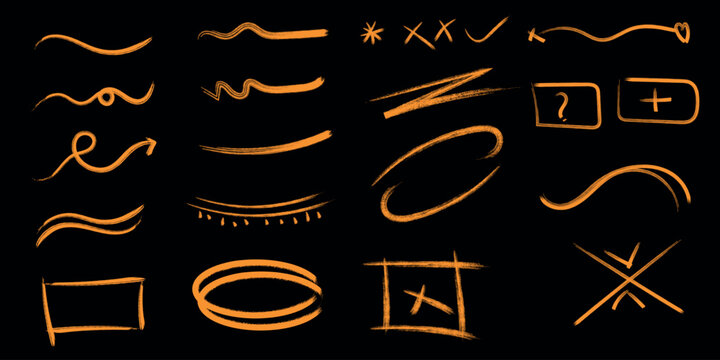 Collection of hand drawn glowing neon light brush strokes and geometric shapes on black background