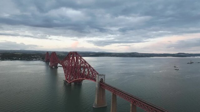 Forth Bridge from a drone, Queensferry Crossing, Forth Estuary, Scotland, United Kingdom