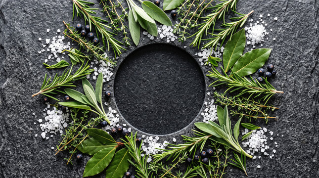 Fresh culinary herbs with coarse salt and juniper berry arranged in circle on stone background. Organic seasoning ingredients for cooking. Farm to table concept for food menu banner.