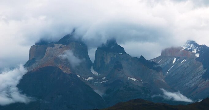 Dramatic rocks and clouds, mountain range, Torres del Paine National Park, Patagonia, Chile