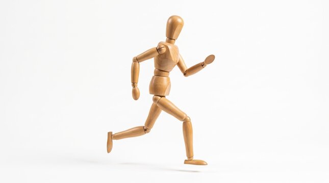 Wooden mannequin figure running in a dynamic pose