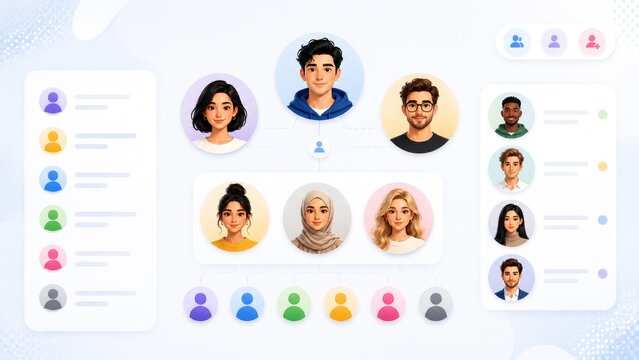 Illustrated UI with diverse circular user avatars, contact lists and team profiles for communication and collaboration