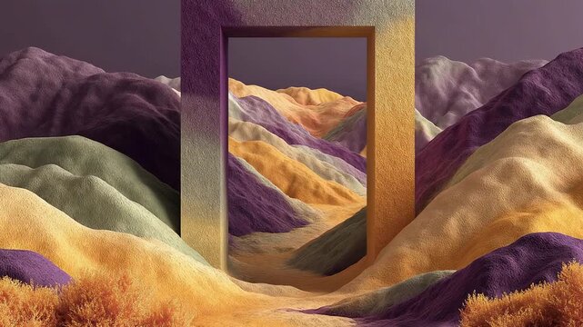 3D vertical golden portal frame set amidst undulating relief mountain formations in purple and cream tones with copy space