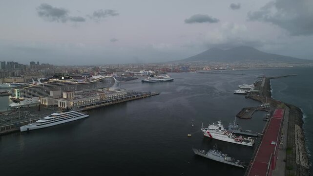 Naples Ferry Terminal at night from a drone, Molo Immacolatella Vecchia, Naples, Campania, Italy