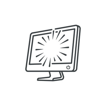 Broken computer monitor with cracked screen display line art icon