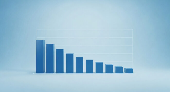 Blue bar chart showing a downward financial trend with decreasing rectangular columns on a clean minimalist light blue background