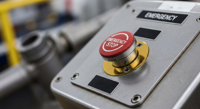Emergency stop button installed on an industrial machine control panel for safety in a modern manufacturing factory production facility