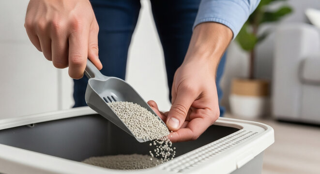Person cleaning cat litter box using a plastic scoop to remove waste granules in a bright modern home setting indoor
