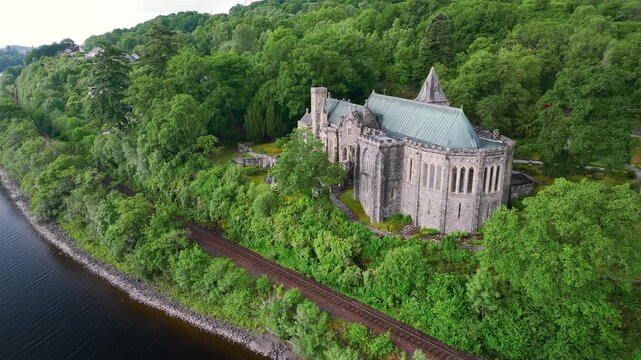 St Conans Kirk from a drone, Loch Awe in Argyll and Bute, Scotland, UK