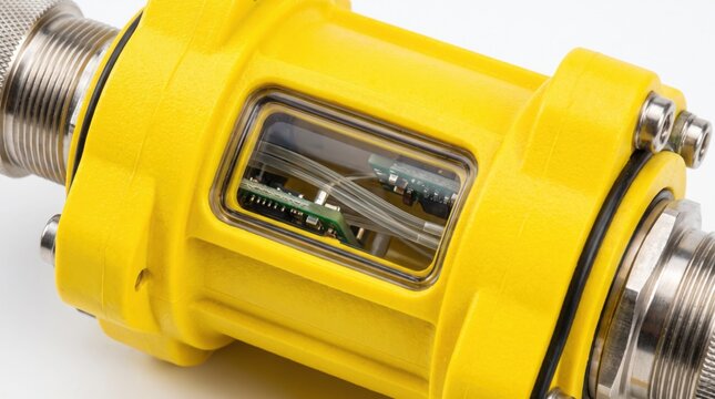 Industrial Flow Sensor with Transparent Electronics View.