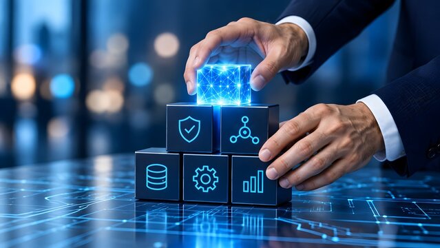 Businessman hands arranging digital tech cubes with neon icons for cloud computing network security and system integration strategy on blueprint