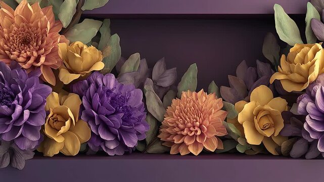 3D composition with purple framing accented by rich sculpted floral arrangements and foliage with central copy space