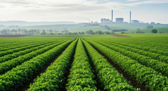 Green agricultural field with rows of growing crops featuring a large industrial power plant in the distance under daylight