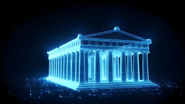 Glowing blue holographic representation of the iconic ancient Greek temple structure floating in a dark digital space to showcase modern architectural design and historical artistic innovation