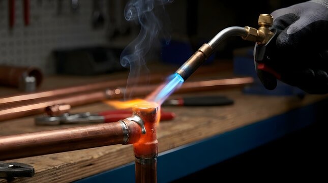 Professional Plumber Soldering Copper Pipe Joint with a Gas Blowtorch in a Workshop, Heating the Metal to Create a Watertight Seal for Residential Water Supply System Construction and Repair