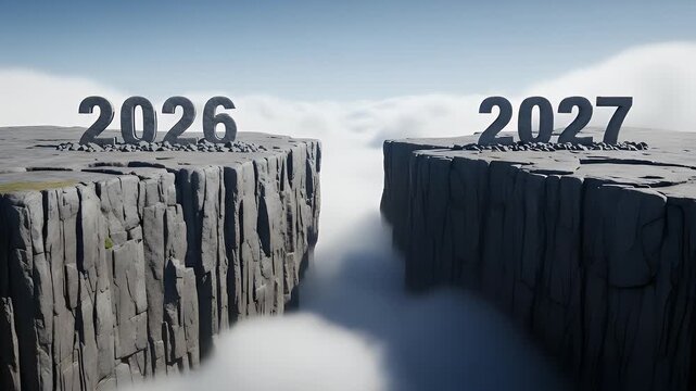 The numbers 2026 and 2027 stand on separate, rugged cliff edges, illustrating a significant gap or a challenging transition from one year into the next.